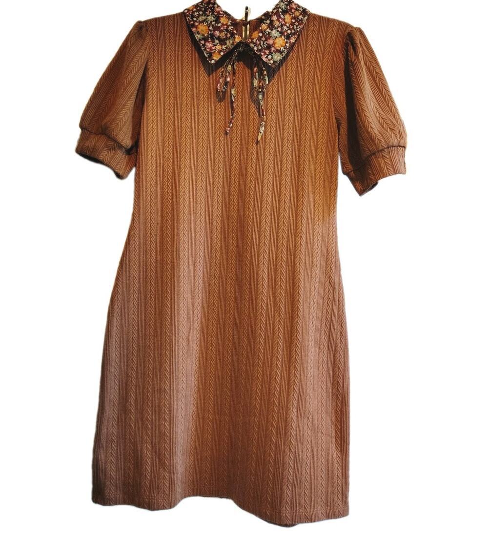 HTF As U Wish Brown Chevron Knit Dress Floral Peter Pan Collar Wednesday Addams